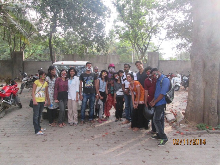 The entire group out on the act of clowning