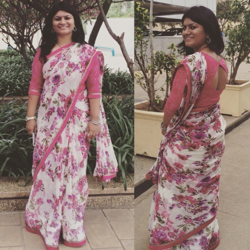 A Triveni Ethnic Saree and the sticthed blouse