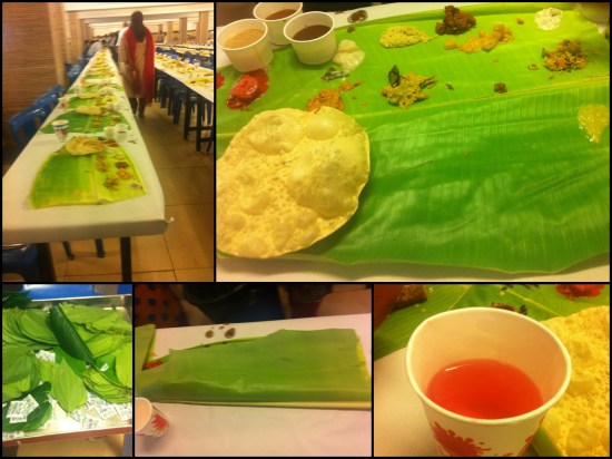 From L-R clockwise: The tables set for community lunch;  the Plantain leaf slowly getting filled with food ; the healthy water ; the folded leaf once done ; the betel leaves to end the meal